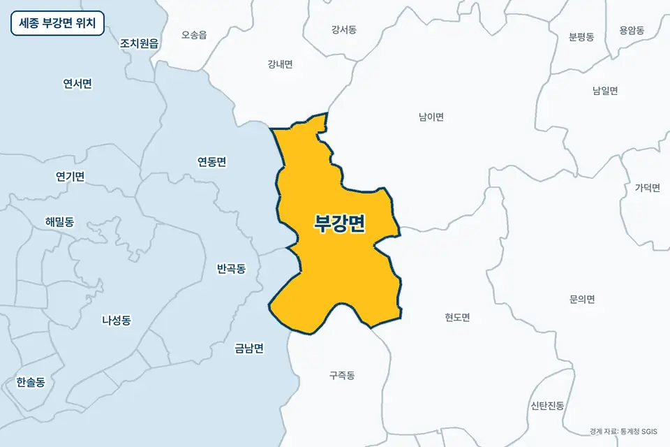 노란색으로 표시한 세종 부강면과 그 둘레의 남이면, 현도면, 연동면, 금남면을 그린 지도 그림.