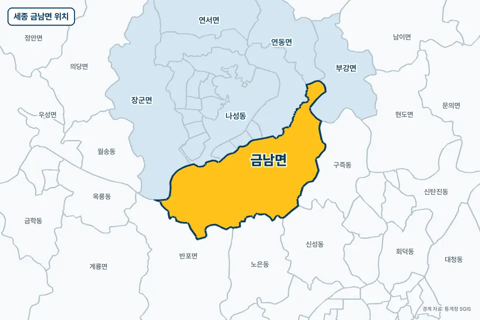 세종 금남면 지도 그림. 가운데 노란 부분이 금남면이고 주변에 반포면, 구즉동, 노은동, 장군면이 보인다.