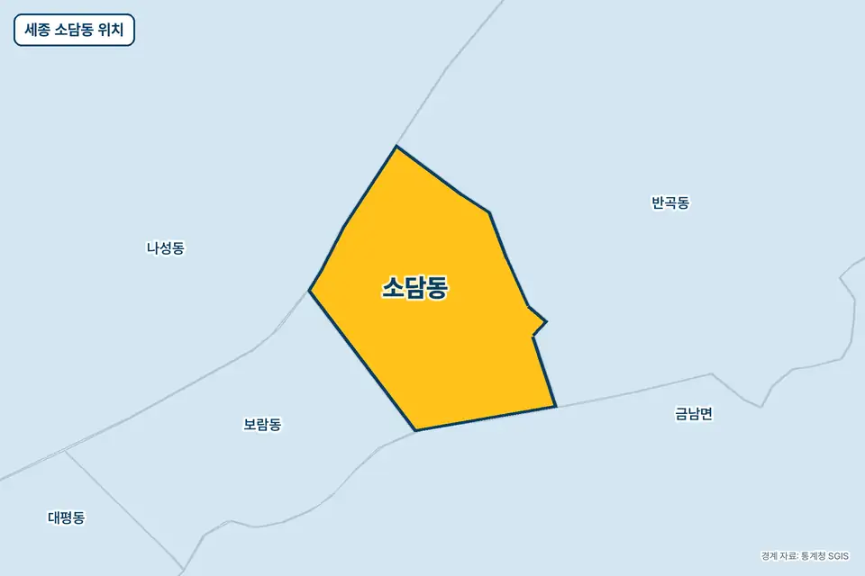 노란색으로 표시한 세종 소담동과 그 둘레의 반곡동, 보람동, 나성동, 금남면을 그린 지도 그림.