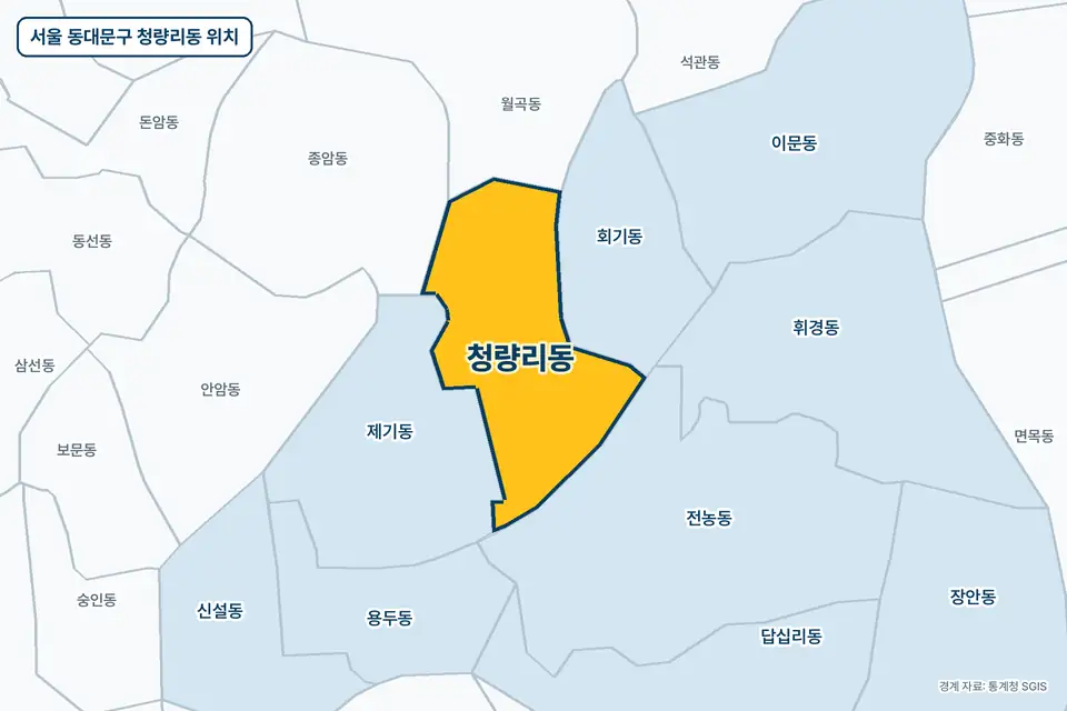 서울 동대문구 청량리동 지도 그림. 가운데 노란 부분이 청량리동이고 주변에 제기동, 회기동, 전농동, 월곡동이 보인다.