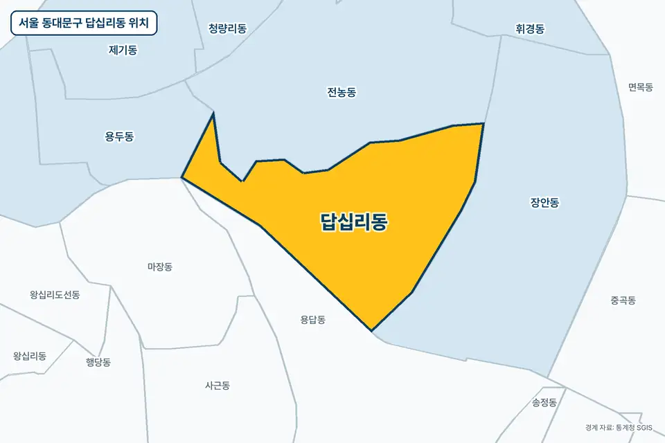서울 동대문구 답십리동 위치 지도. 노란색으로 칠한 답십리동 둘레에 전농동, 용답동, 장안동, 용두동 이름이 적혀 있다.