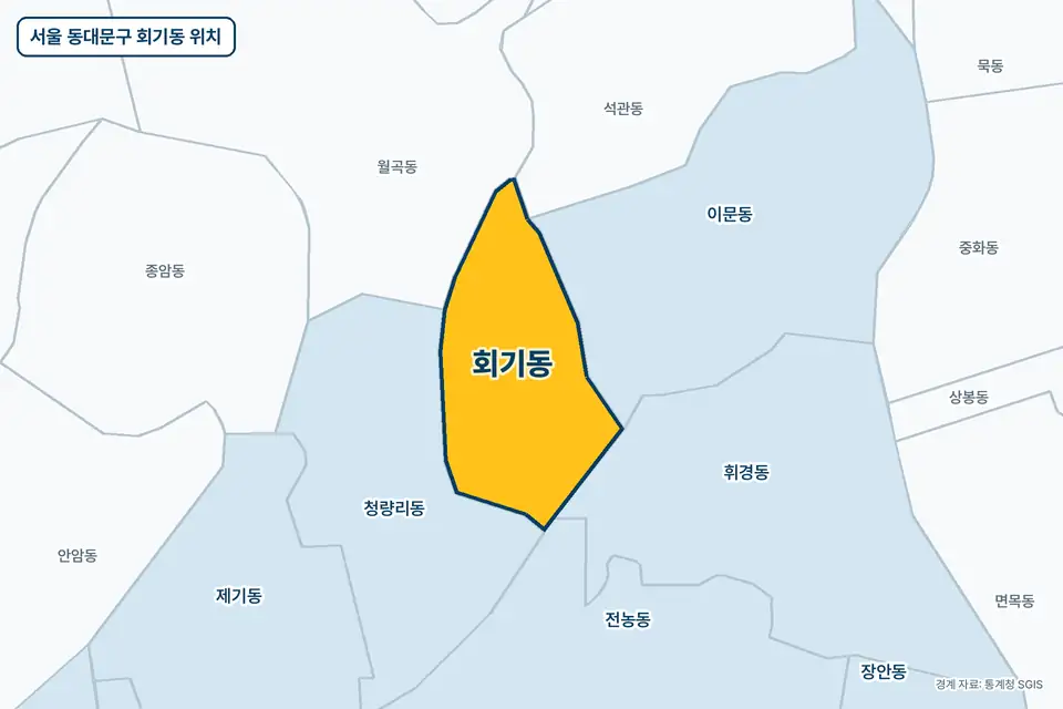 서울 동대문구 회기동 위치 지도. 노란색으로 칠한 회기동 둘레에 청량리동, 이문동, 월곡동, 휘경동 이름이 적혀 있다.