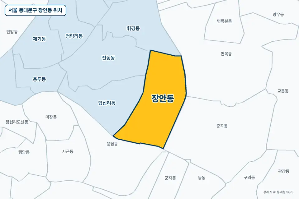 노란색으로 표시한 서울 동대문구 장안동과 그 둘레의 답십리동, 용답동, 중곡동, 면목동을 그린 지도 그림.