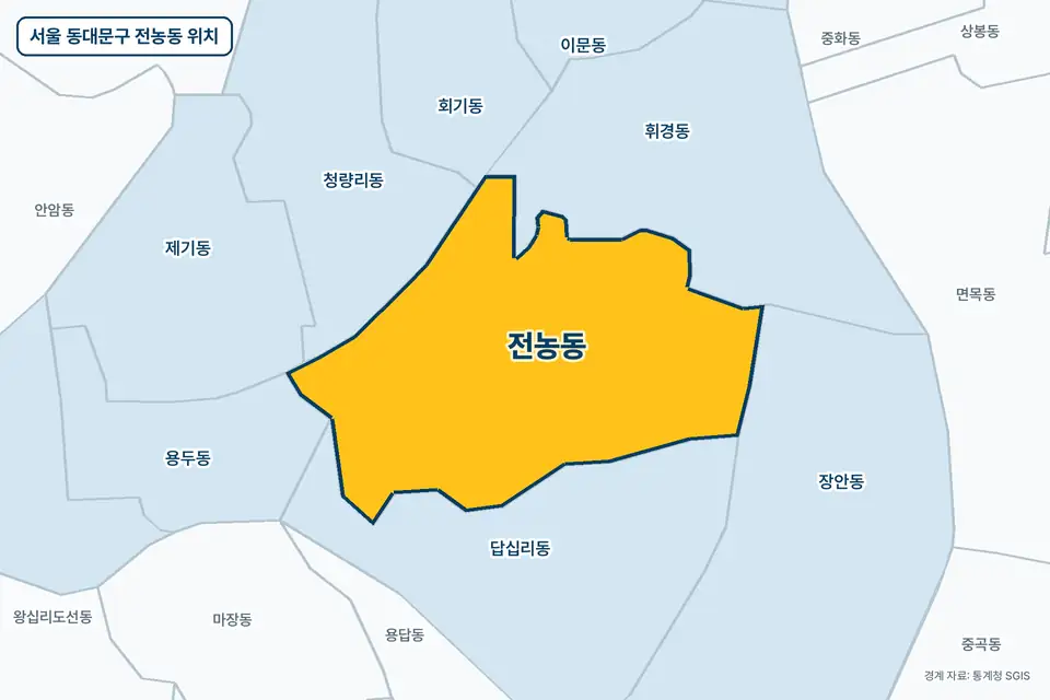 노란색으로 표시한 서울 동대문구 전농동과 그 둘레의 답십리동, 휘경동, 청량리동, 장안동을 그린 지도 그림.