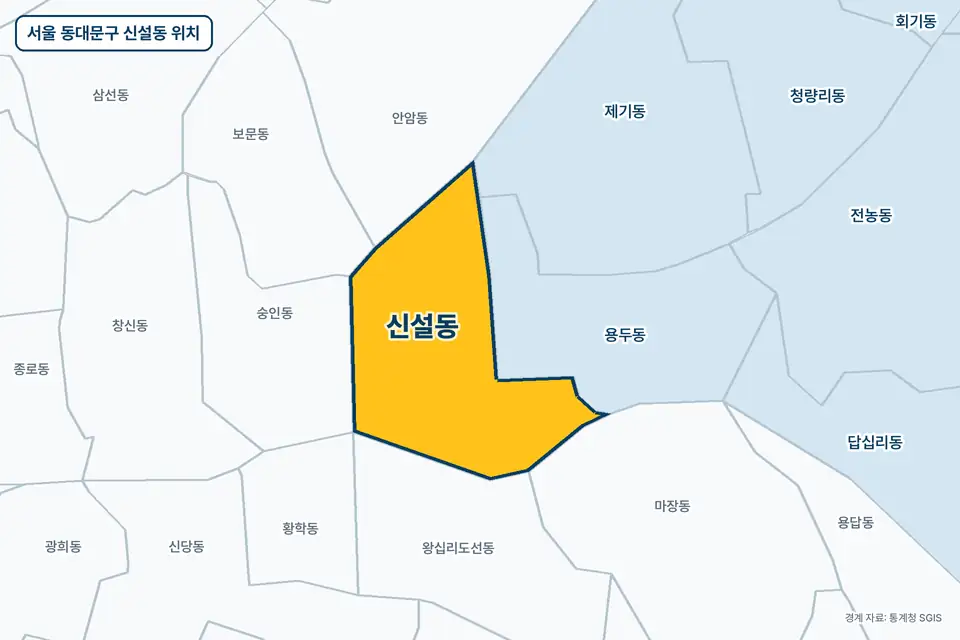 서울 동대문구 신설동 위치 지도. 노란색으로 칠한 신설동 둘레에 용두동, 왕십리도선동, 숭인동, 안암동 이름이 적혀 있다.