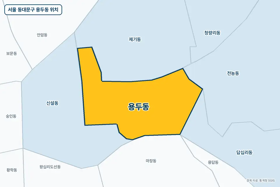 서울 동대문구 용두동 위치 지도. 노란색으로 칠한 용두동 둘레에 제기동, 신설동, 마장동, 답십리동 이름이 적혀 있다.