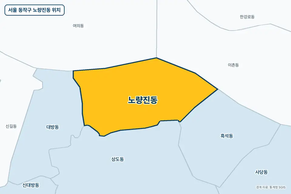 서울 동작구 노량진동 위치 지도. 노란색으로 칠한 노량진동 둘레에 상도동, 여의동, 이촌동, 흑석동 이름이 적혀 있다.