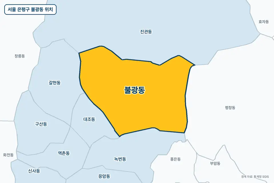 서울 은평구 불광동 위치 지도. 노란색으로 칠한 불광동 둘레에 진관동, 녹번동, 평창동, 대조동 이름이 적혀 있다.