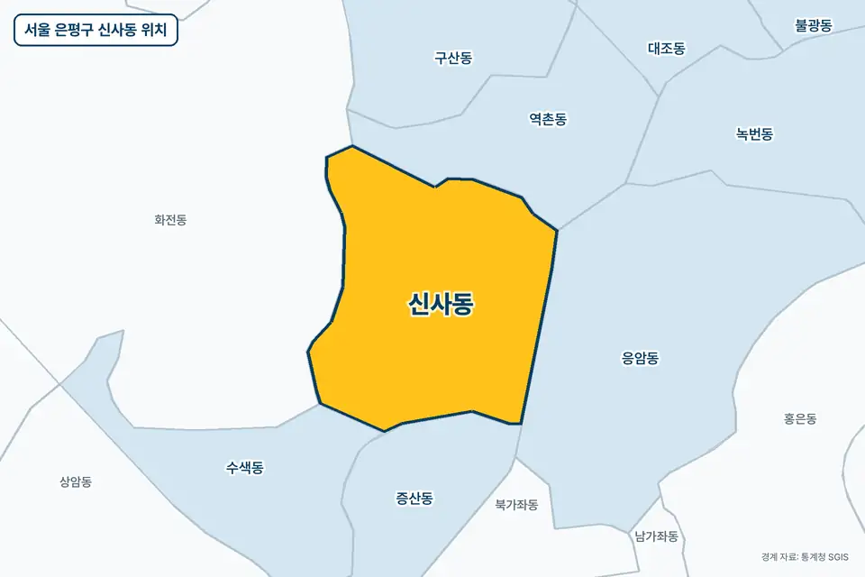 서울 은평구 신사동 지도 그림. 가운데 노란 부분이 신사동이고 주변에 화전동, 역촌동, 응암동, 증산동이 보인다.