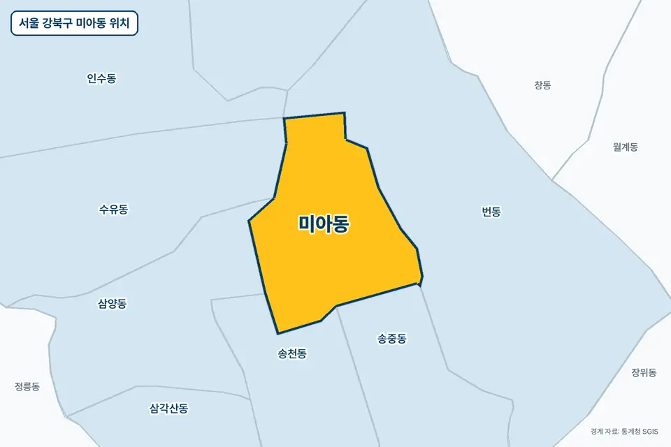 서울 강북구 미아동 위치 지도. 노란색으로 칠한 미아동 둘레에 번동, 송천동, 삼양동, 송중동 이름이 적혀 있다.