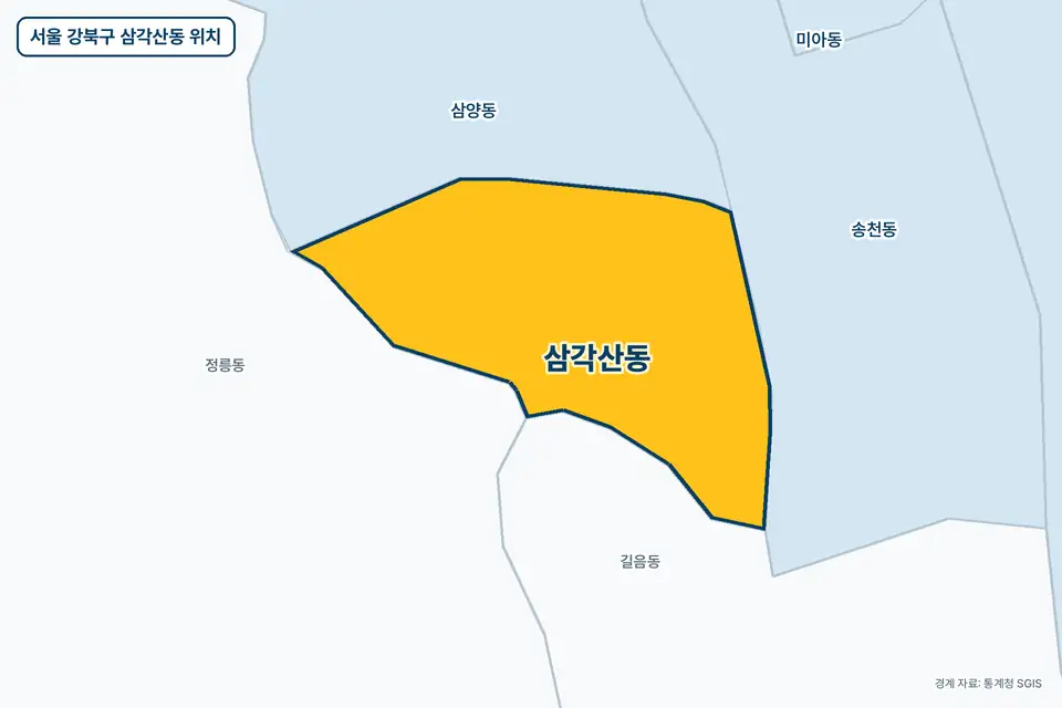 서울 강북구 삼각산동 위치 지도. 노란색으로 칠한 삼각산동 둘레에 삼양동, 정릉동, 길음동, 송천동 이름이 적혀 있다.