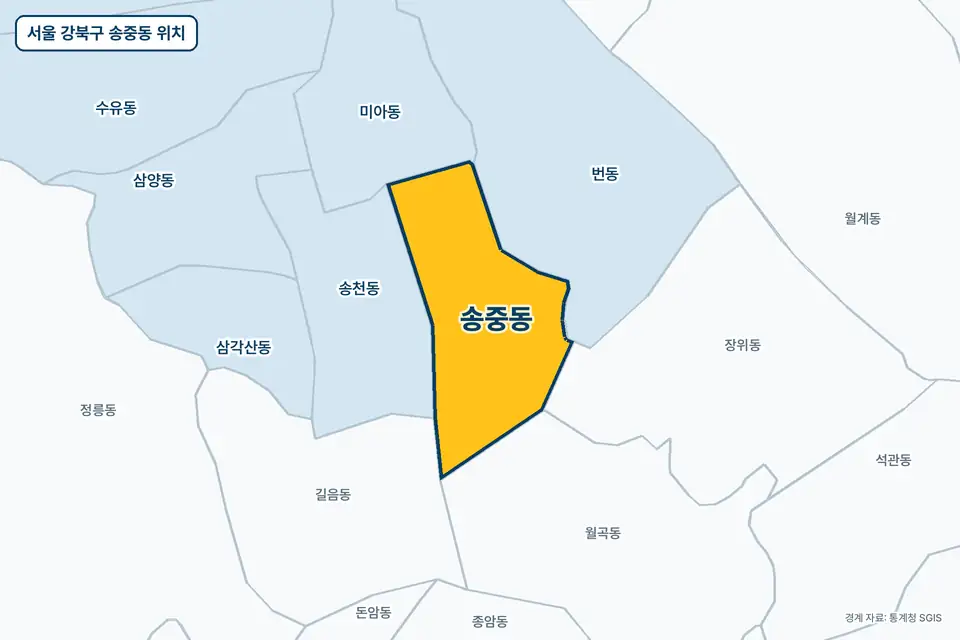 서울 강북구 송중동 지도 그림. 가운데 노란 부분이 송중동이고 주변에 번동, 송천동, 월곡동, 미아동이 보인다.