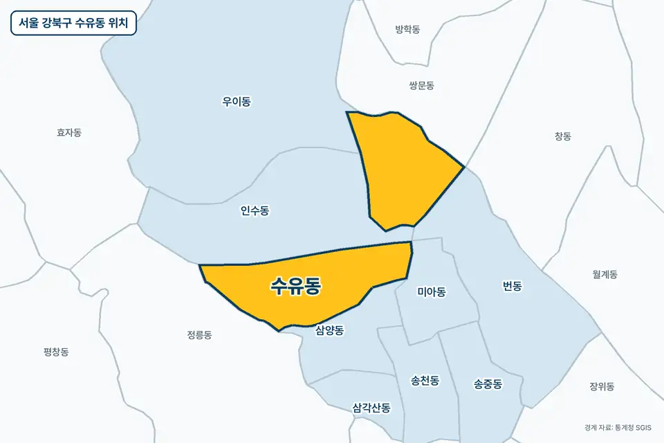 노란색으로 표시한 서울 강북구 수유동과 그 둘레의 인수동, 삼양동, 쌍문동, 정릉동을 그린 지도 그림.