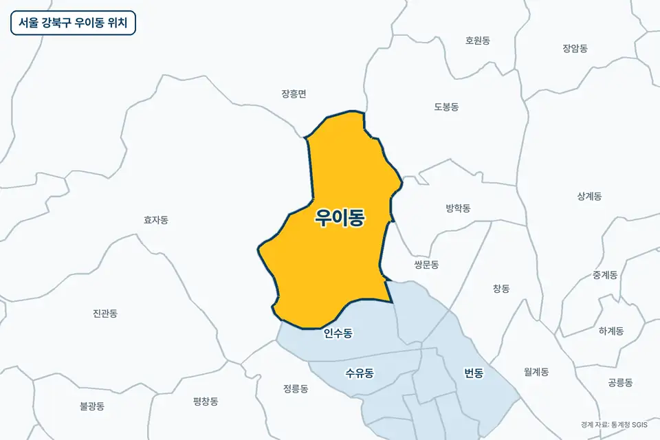 서울 강북구 우이동 지도 그림. 가운데 노란 부분이 우이동이고 주변에 효자동, 인수동, 도봉동, 장흥면이 보인다.