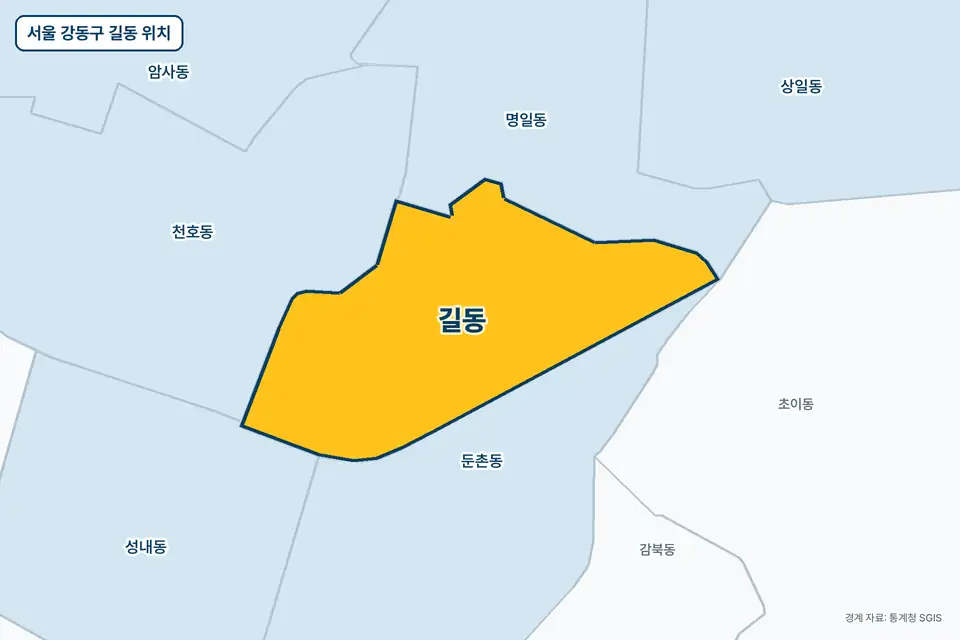 노란색으로 표시한 서울 강동구 길동과 그 둘레의 둔촌동, 명일동, 천호동, 성내동을 그린 지도 그림.
