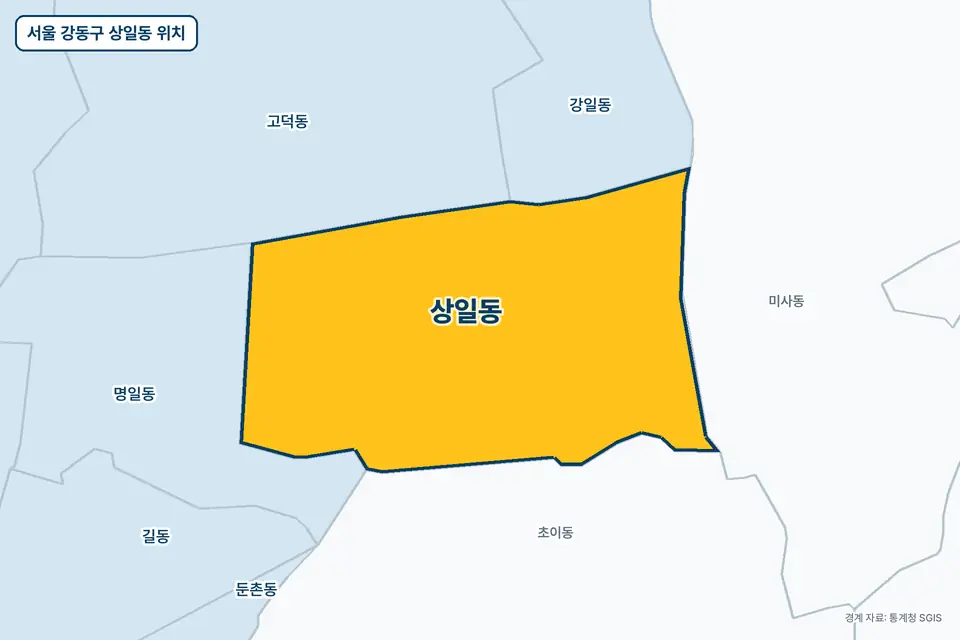 서울 강동구 상일동 지도 그림. 가운데 노란 부분이 상일동이고 주변에 초이동, 명일동, 고덕동, 미사동이 보인다.