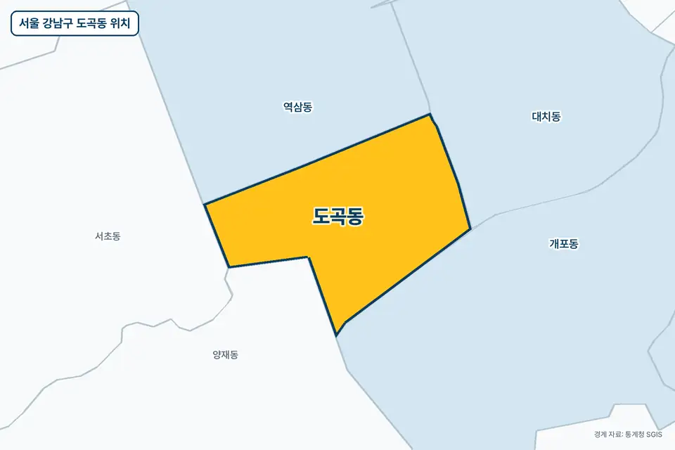 서울 강남구 도곡동 위치 지도. 노란색으로 칠한 도곡동 둘레에 역삼동, 개포동, 양재동, 대치동 이름이 적혀 있다.
