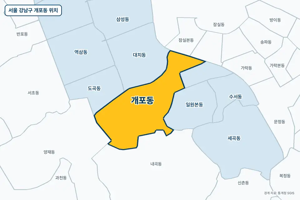 서울 강남구 개포동 지도 그림. 가운데 노란 부분이 개포동이고 주변에 내곡동, 대치동, 일원본동, 도곡동이 보인다.
