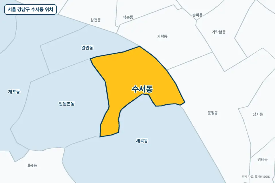 서울 강남구 수서동 지도 그림. 가운데 노란 부분이 수서동이고 주변에 세곡동, 일원본동, 일원동, 문정동이 보인다.