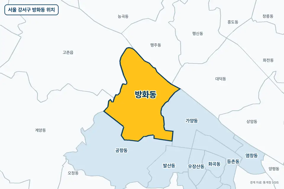 노란색으로 표시한 서울 강서구 방화동과 그 둘레의 공항동, 가양동, 고촌읍, 행주동을 그린 지도 그림.