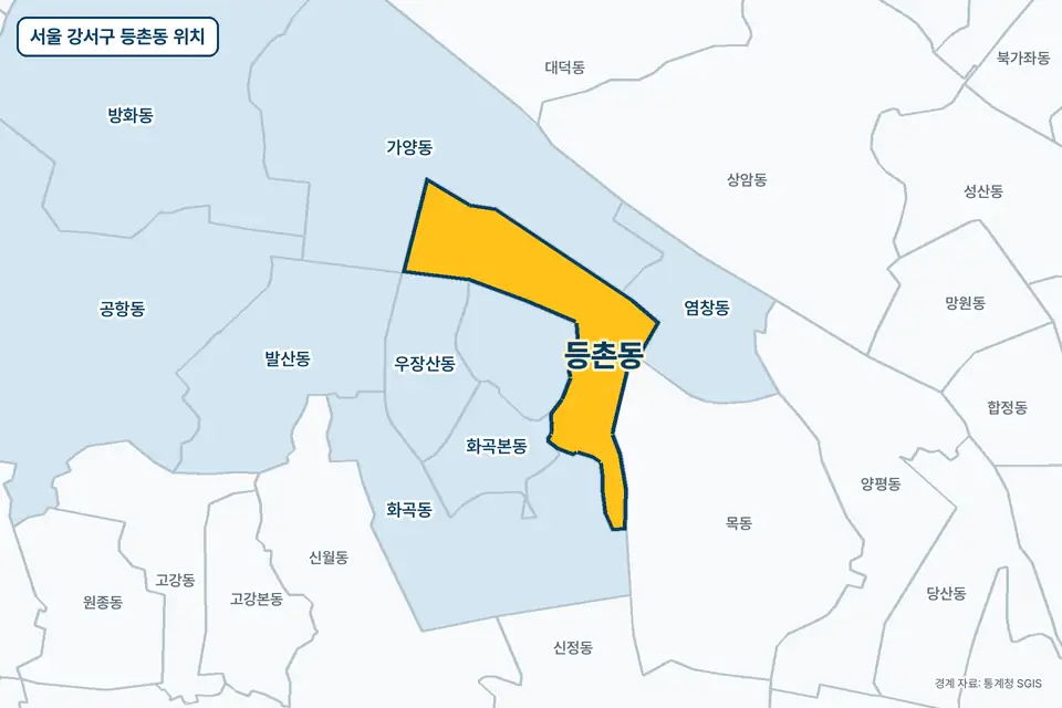 서울 강서구 등촌동 지도 그림. 가운데 노란 부분이 등촌동이고 주변에 화곡동, 가양동, 목동, 염창동이 보인다.