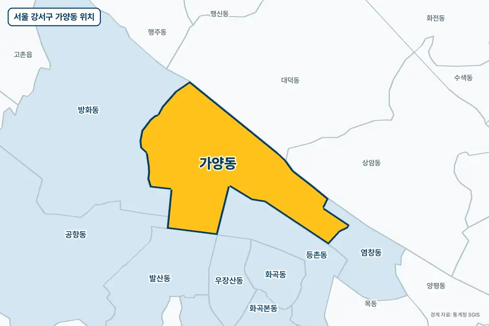 서울 강서구 가양동 위치 지도. 노란색으로 칠한 가양동 둘레에 방화동, 등촌동, 대덕동, 염창동 이름이 적혀 있다.