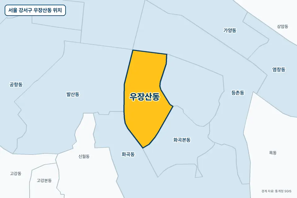 서울 강서구 우장산동 위치 지도. 노란색으로 칠한 우장산동 둘레에 화곡동, 발산동, 화곡본동, 등촌동 이름이 적혀 있다.