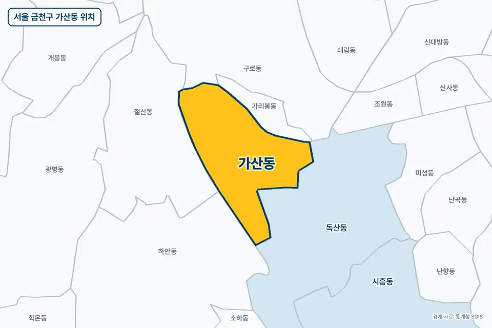 서울 금천구 가산동 지도 그림. 가운데 노란 부분이 가산동이고 주변에 독산동, 가리봉동, 철산동, 하안동이 보인다.