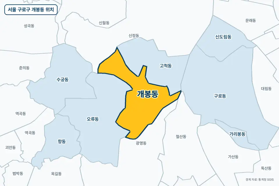 노란색으로 표시한 서울 구로구 개봉동과 그 둘레의 고척동, 오류동, 광명동, 신정동을 그린 지도 그림.
