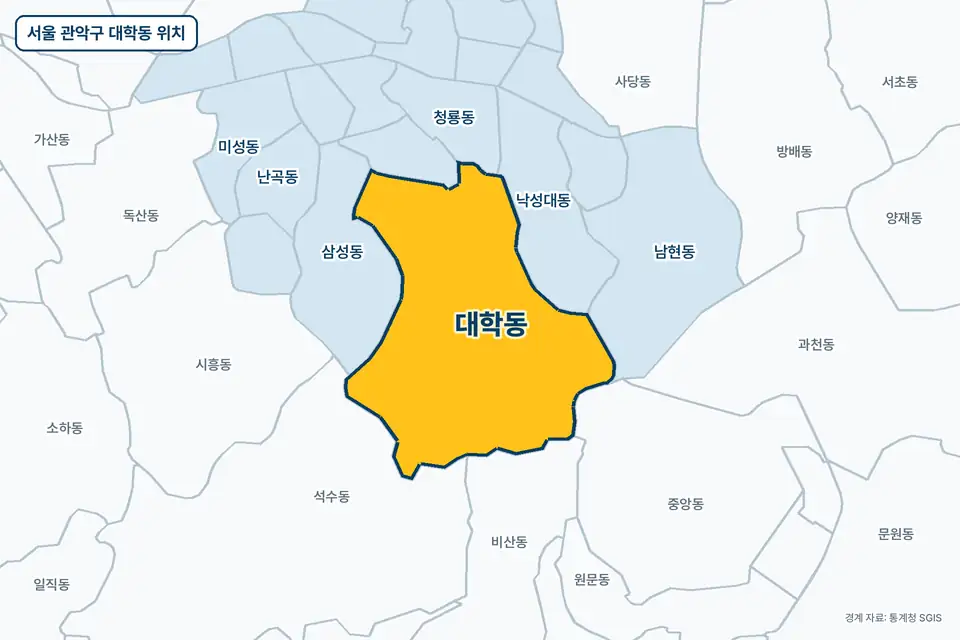 서울 관악구 대학동 위치 지도. 노란색으로 칠한 대학동 둘레에 삼성동, 석수동, 낙성대동, 비산동 이름이 적혀 있다.