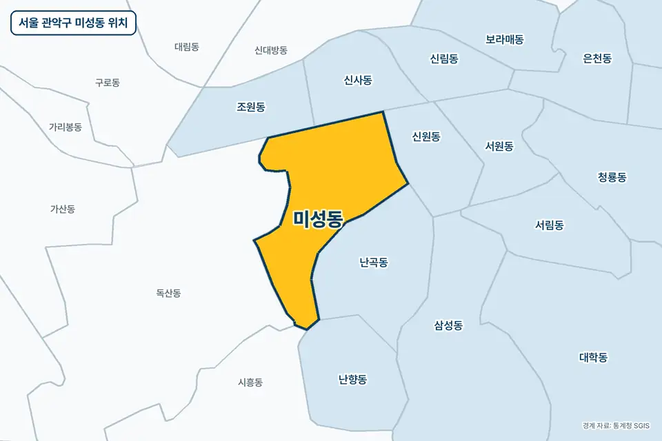 노란색으로 표시한 서울 관악구 미성동과 그 둘레의 독산동, 난곡동, 신사동, 신원동을 그린 지도 그림.