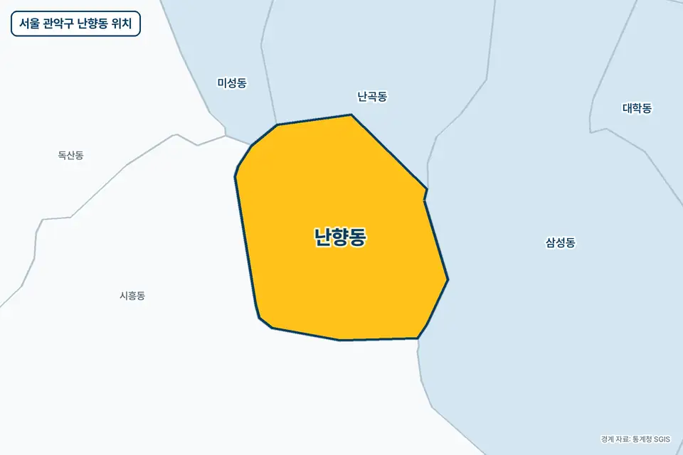 서울 관악구 난향동 위치 지도. 노란색으로 칠한 난향동 둘레에 시흥동, 난곡동, 삼성동, 미성동 이름이 적혀 있다.