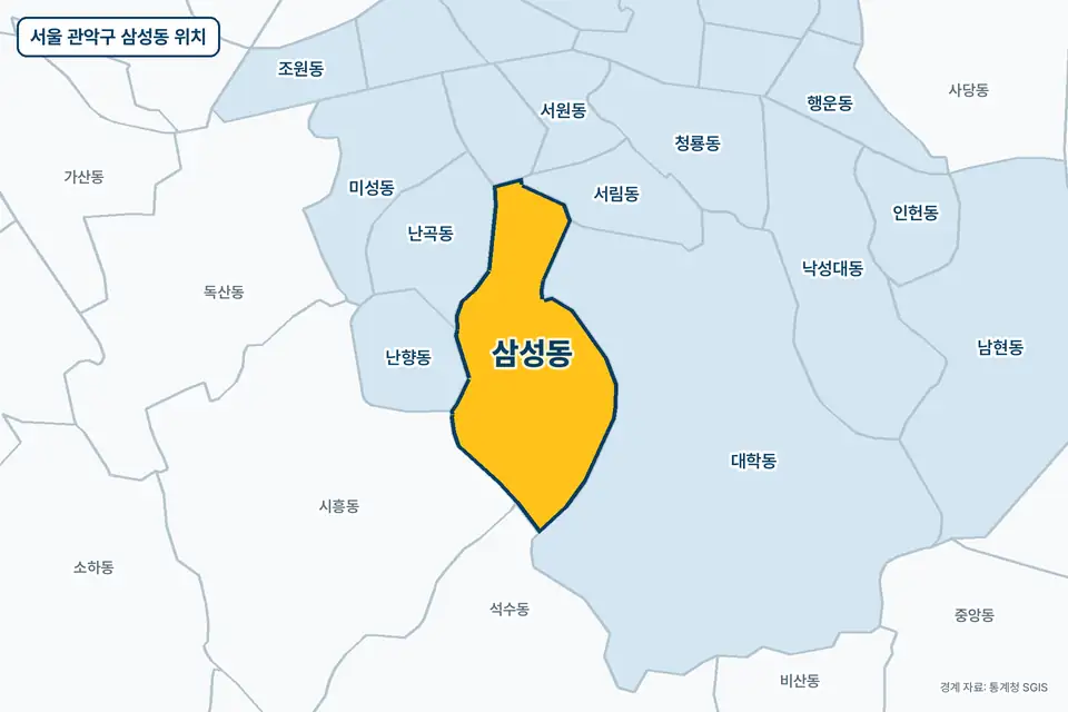 서울 관악구 삼성동 지도 그림. 가운데 노란 부분이 삼성동이고 주변에 대학동, 난곡동, 시흥동, 난향동이 보인다.