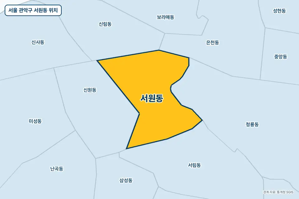 서울 관악구 서원동 지도 그림. 가운데 노란 부분이 서원동이고 주변에 신원동, 서림동, 청룡동, 신림동이 보인다.