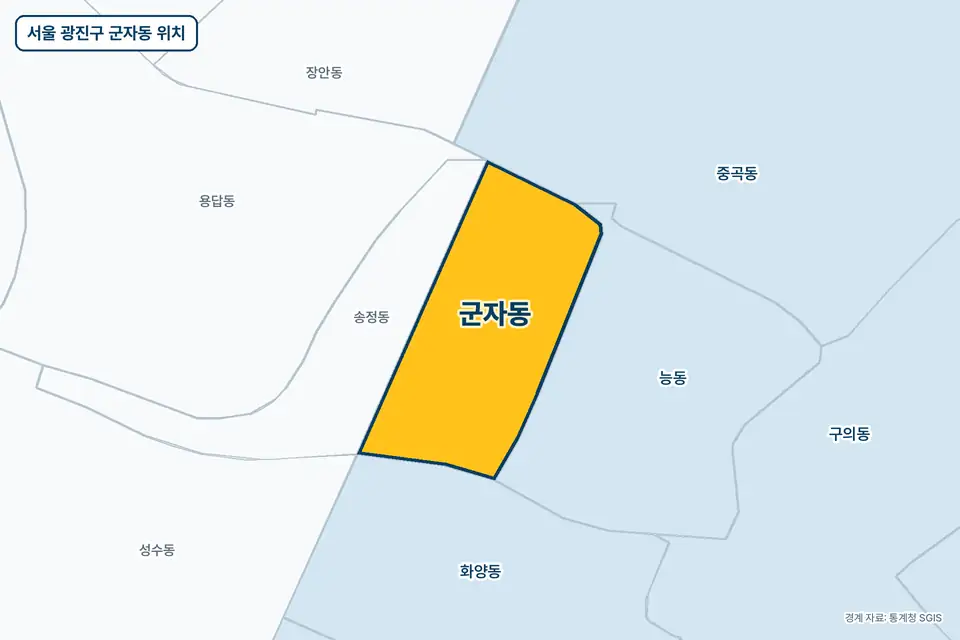서울 광진구 군자동 위치 지도. 노란색으로 칠한 군자동 둘레에 능동, 송정동, 화양동, 중곡동 이름이 적혀 있다.