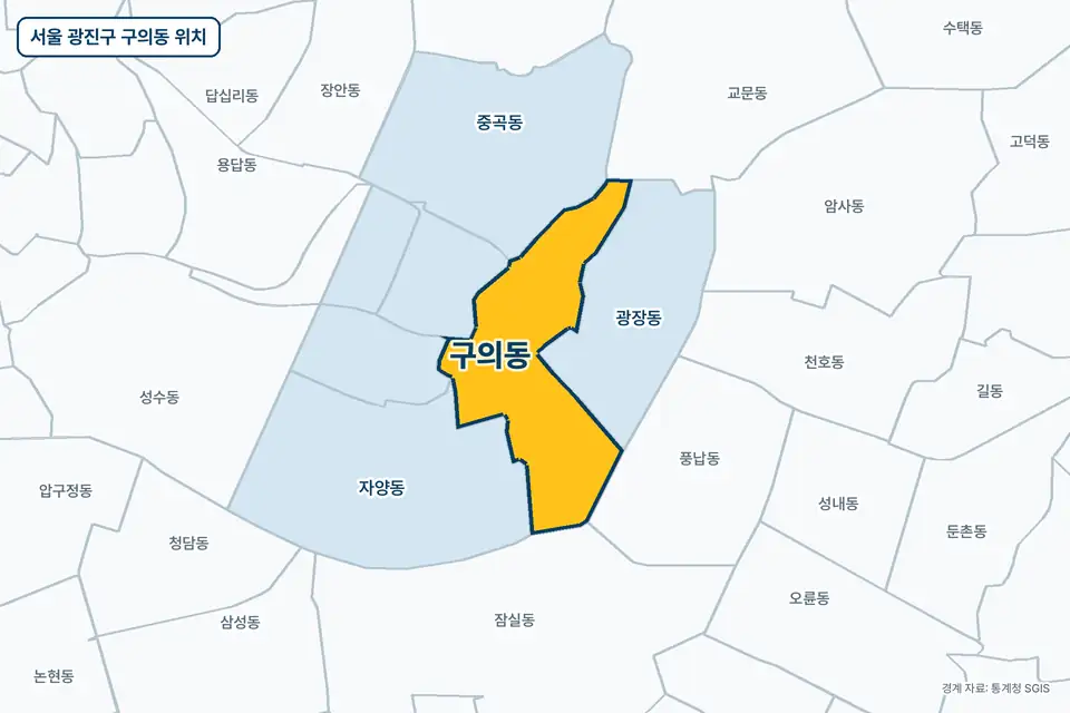 노란색으로 표시한 서울 광진구 구의동과 그 둘레의 광장동, 자양동, 중곡동, 풍납동을 그린 지도 그림.