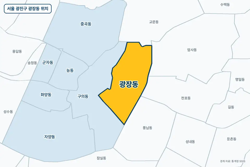노란색으로 표시한 서울 광진구 광장동과 그 둘레의 구의동, 풍납동, 교문동, 암사동을 그린 지도 그림.