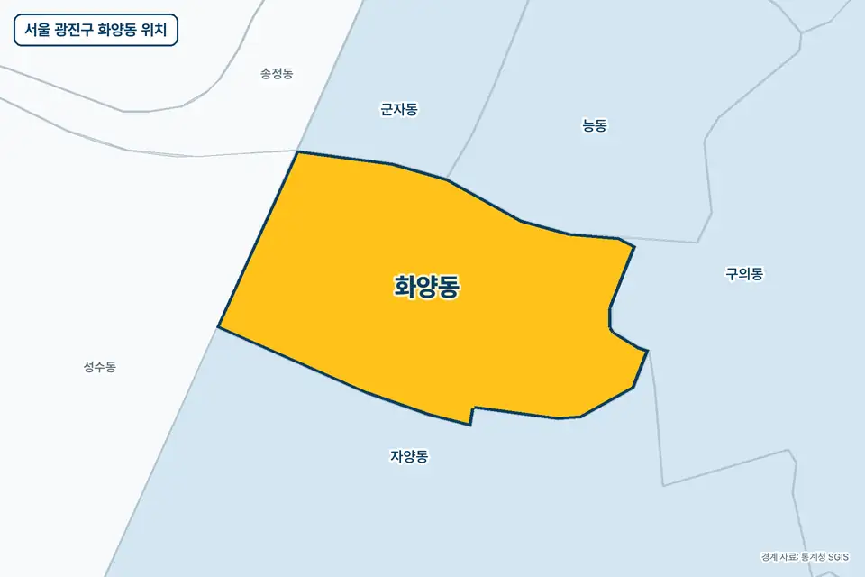 노란색으로 표시한 서울 광진구 화양동과 그 둘레의 자양동, 능동, 성수동, 군자동을 그린 지도 그림.