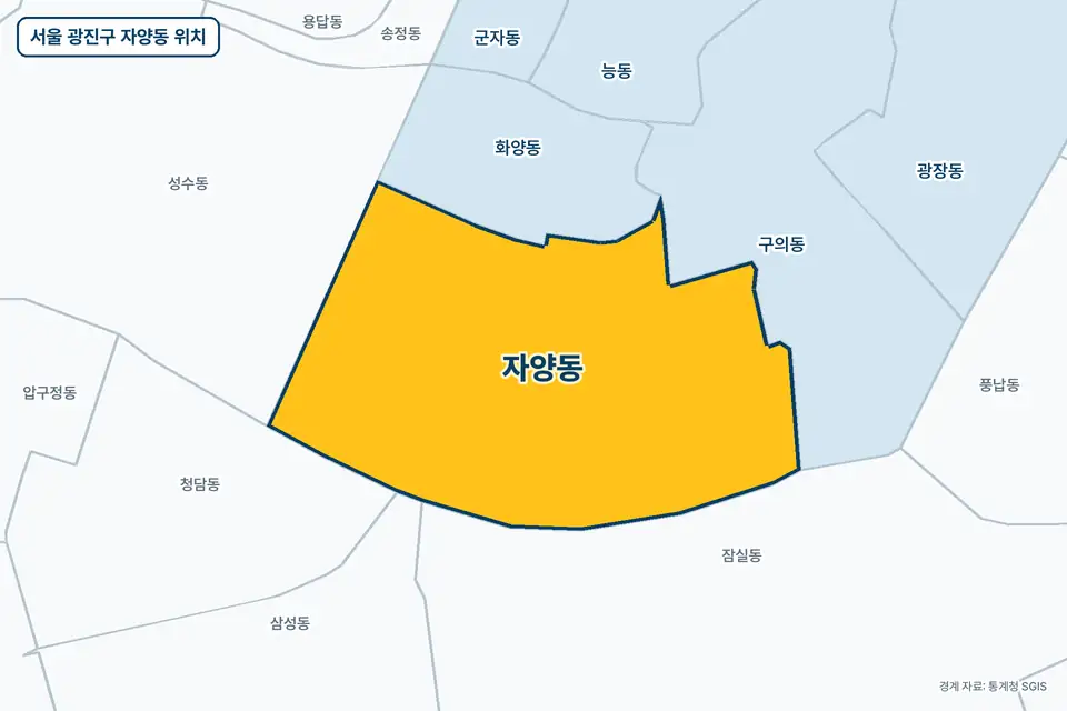 서울 광진구 자양동 지도 그림. 가운데 노란 부분이 자양동이고 주변에 잠실동, 구의동, 화양동, 성수동이 보인다.