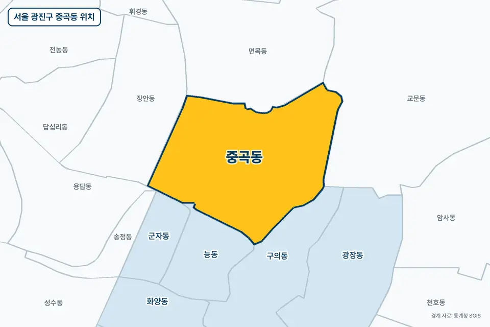 노란색으로 표시한 서울 광진구 중곡동과 그 둘레의 면목동, 교문동, 구의동, 능동을 그린 지도 그림.