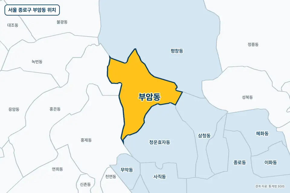 노란색으로 표시한 서울 종로구 부암동과 그 둘레의 평창동, 청운효자동, 홍은동, 홍제동을 그린 지도 그림.
