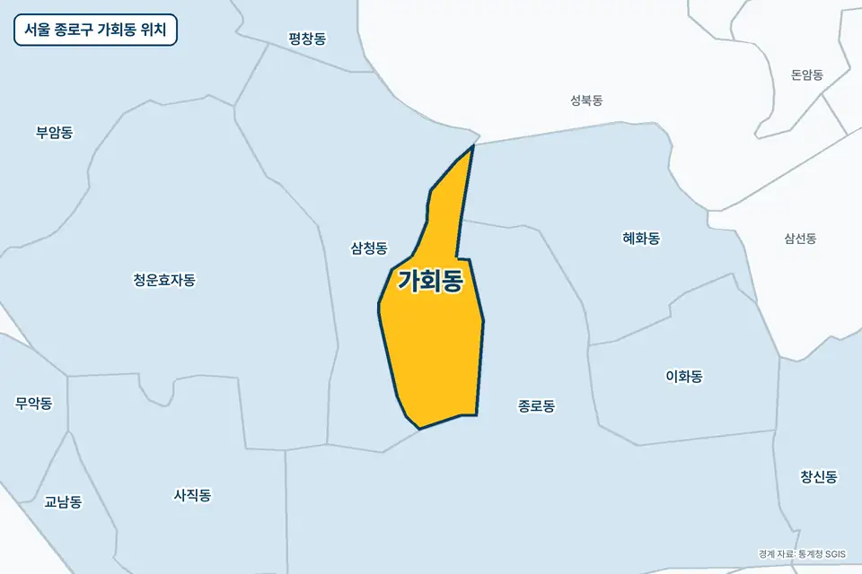 서울 종로구 가회동 지도 그림. 가운데 노란 부분이 가회동이고 주변에 삼청동, 종로동, 혜화동, 청운효자동이 보인다.