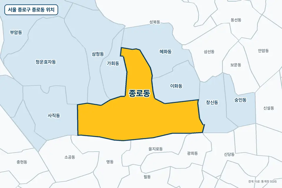 서울 종로구 종로동 지도 그림. 가운데 노란 부분이 종로동이고 주변에 을지로동, 이화동, 가회동, 명동이 보인다.