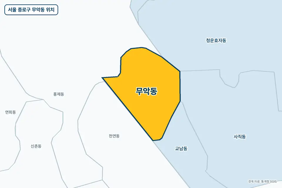 노란색으로 표시한 서울 종로구 무악동과 그 둘레의 홍제동, 천연동, 교남동, 청운효자동을 그린 지도 그림.