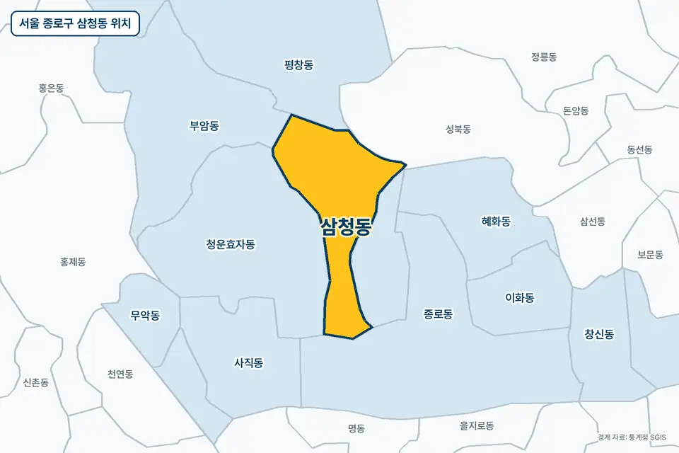 노란색으로 표시한 서울 종로구 삼청동과 그 둘레의 청운효자동, 성북동, 평창동, 종로동을 그린 지도 그림.