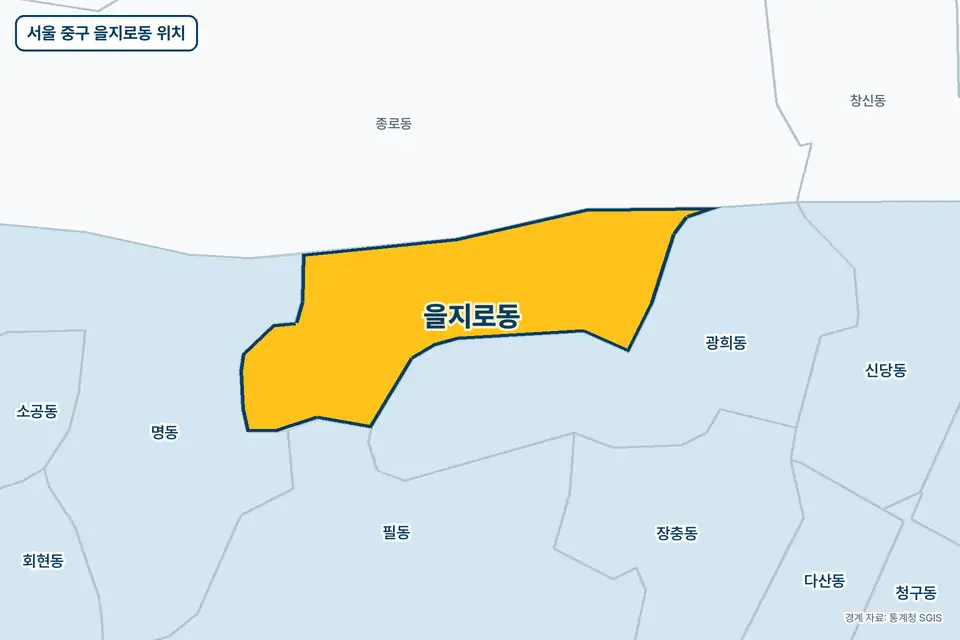 노란색으로 표시한 서울 중구 을지로동과 그 둘레의 광희동, 종로동, 명동, 필동을 그린 지도 그림.