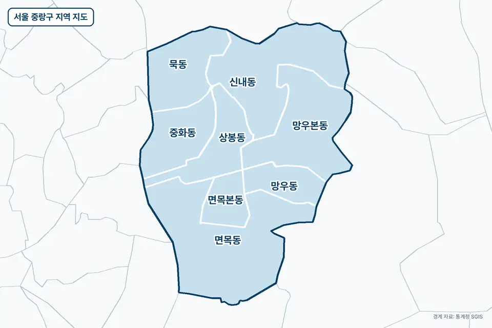 파란색으로 칠한 서울 중랑구 지도 그림. 면목동, 신내동, 망우본동, 묵동을 비롯한 8곳의 경계와 이름이 보인다.