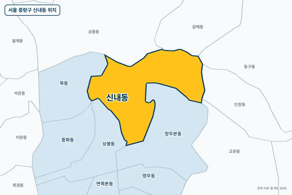 노란색으로 표시한 서울 중랑구 신내동과 그 둘레의 망우본동, 공릉동, 상봉동, 묵동을 그린 지도 그림.