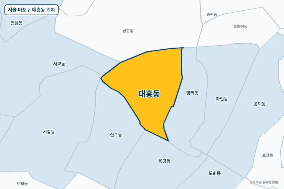 노란색으로 표시한 서울 마포구 대흥동과 그 둘레의 염리동, 신촌동, 신수동, 용강동을 그린 지도 그림.
