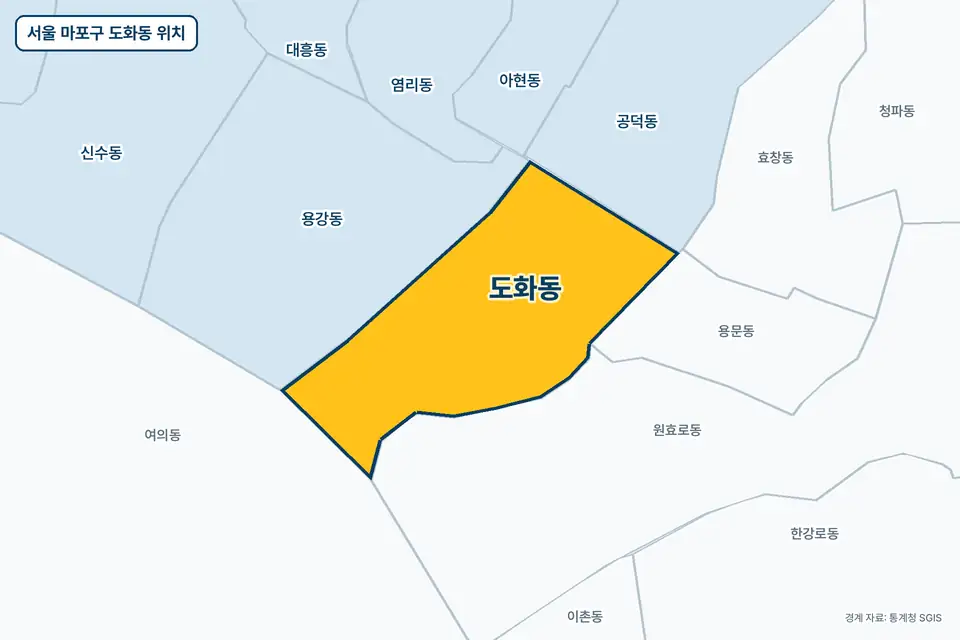 서울 마포구 도화동 위치 지도. 노란색으로 칠한 도화동 둘레에 용강동, 원효로동, 공덕동, 용문동 이름이 적혀 있다.
